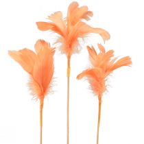 Dekorative fjer orange fuglefjer på pind 36cm 12stk