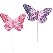 Artikel Dekorative sommerfugle på trådfjer lilla pink 7×10cm 12 stk.