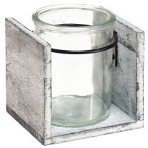 Artikel Fyrfadsstage af glas i rustik træramme - grå-hvid, 10x9x10cm - charmerende borddekoration 3 stk.