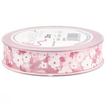 Artikel Organza bånd pink med blomster gavebånd 20mm 20m