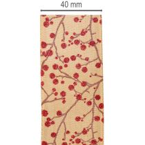 Artikel Dekorative båndgrene med røde glitterbær, 40 mm x 15 m