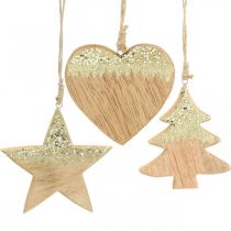 Julepynt stjerne / hjerte / træ, vedhæng i træ, advent dekoration H10 / 12,5cm 3stk