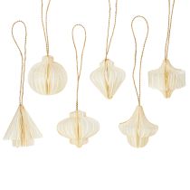 Artikel Papir juletræspynt, honeycomb-papir, hvid og guld, 4 cm, 6 stk.