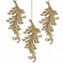 Artikel Trævedhæng med glitter, dekorative fjer til at hænge, julepynt Golden L16cm 6stk