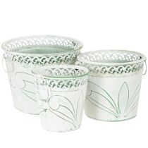 Artikel Præget metalplantekasse med håndtag, hvid og grøn, shabby chic stil, H22/19,5/17,5 cm, Ø25,5/20,5/15,5 cm, sæt med 3 stk.