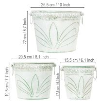 Artikel Præget metalplantekasse med håndtag, hvid og grøn, shabby chic stil, H22/19,5/17,5 cm, Ø25,5/20,5/15,5 cm, sæt med 3 stk.