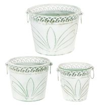 Artikel Præget metalplantekasse med håndtag, hvid og grøn, shabby chic stil, H22/19,5/17,5 cm, Ø25,5/20,5/15,5 cm, sæt med 3 stk.