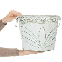 Artikel Præget metalplantekasse med håndtag, hvid og grøn, shabby chic stil, H22/19,5/17,5 cm, Ø25,5/20,5/15,5 cm, sæt med 3 stk.