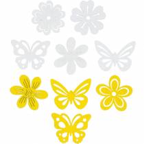 Blomster og sommerfugle til at drysse gul, hvidt træ drys dekoration forår dekoration 72stk