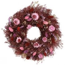 Artikel Blomsterkrans, tørret blomsterkrans, vinrød, pink, Ø25 cm