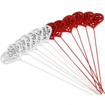 Artikel Blomsterprop hjerte rødt, hvidt pyntestik Valentinsdag 7cm 12stk