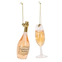 Artikel Juletræspyntsæt, champagneglas og champagneflaske, julepynt, 14 cm, 2 stk.