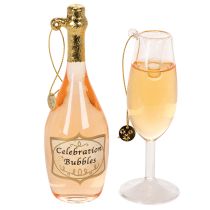 Artikel Juletræspyntsæt, champagneglas og champagneflaske, julepynt, 14 cm, 2 stk.