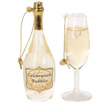 Artikel Champagneflaske og champagneglas vedhængssæt, juletræspynt, 14 cm, 2 stk.