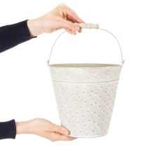 Artikel Dekorativ spand, hvidkalket, med håndtag, Ø20,5 cm, metalplantedekoration