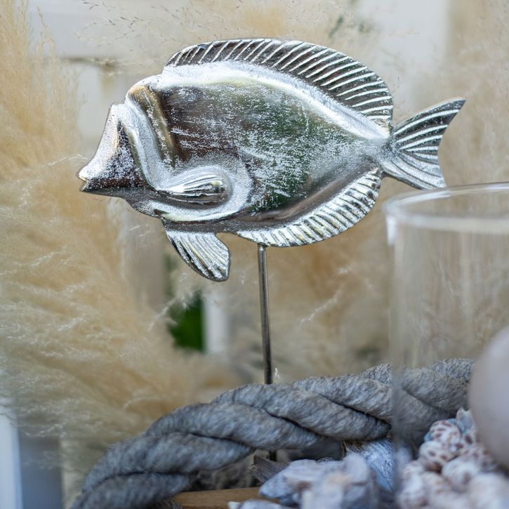 Pyntefisk, maritim dekoration, fisk af sølvmetal, naturfarve H28,5cm