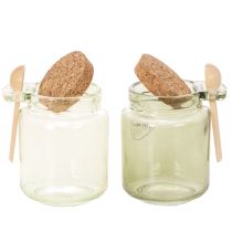 Artikel Dekorativt glas med korklåg og ske, grønt, Ø7 cm, H10 cm, 2 stk.