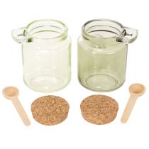 Artikel Dekorativt glas med korklåg og ske, grønt, Ø7 cm, H10 cm, 2 stk.