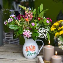 Dekorativ kande, blomstervase vintage look, emaljekande med rose motiv H19cm