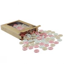 Artikel Dekorative knapper til håndværk træ Ø2cm creme pink hvid 210stk