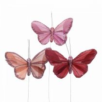 Deco sommerfugl på tråd fjer sommerfugl pink 10×6cm 12stk