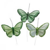 Dekorative sommerfugle grønne fjer sommerfugle på tråd 10cm 12stk