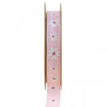 Dekorationsbånd pink med blomster gavebånd 15mm 15m