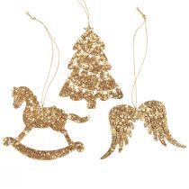 Deco bøjle træ guldglimmer juletræspynt 10cm 6stk