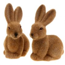 Dekorativ kanin flokket brun påskeharepynt 15cm 4 stk