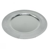 Dekorativ tallerken rund plast dekorationsplade sølv Ø33cm