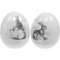 Keramisk æg, påskedekoration, påskeæg med kaniner hvid, sort Ø10cm H12cm sæt med 2 stk.