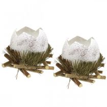 Påskepynt, æg i reden, pynteæg, fuglerede Ø9cm H10cm hvid, naturlige farver 4 stk.
