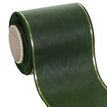 Artikel Elegant moirégrønt kransbånd med guldkant, 100 mm x 25 m, til begravelsesblomster og dekoration