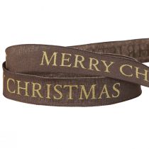 Artikel Elegant julebånd i mørkebrun med gylden &#39;Merry Christmas&#39; skrift, bredde 25mm, længde 15m