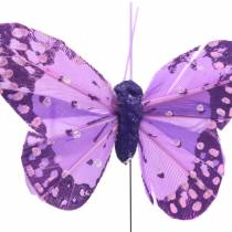 Fjer sommerfugl på tråd pink, lilla 7cm 24stk