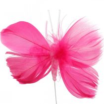 Fjer sommerfugle pink/pink/rød, deco sommerfugle på tråd 6 stk.