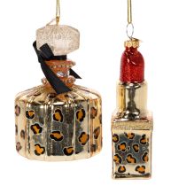 Artikel Juletræspynt: parfumeflaske og læbestift med leopardprint, 11 cm, 2 stk.