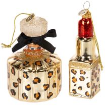 Artikel Juletræspynt: parfumeflaske og læbestift med leopardprint, 11 cm, 2 stk.