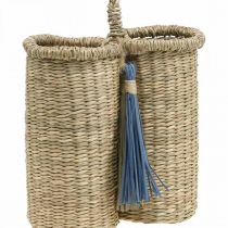 Flaskeholder af søgræs, flettet flaskekurv, balkondekoration, dekorativ kurv til ophængning af naturen, blå H20cm B22cm