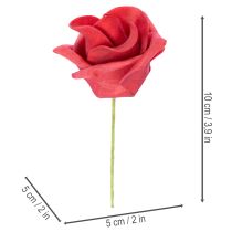 Artikel Kunstig rød roseblomst med stilk, 5 cm, 100 stk.