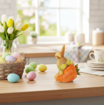 Artikel Dekorativ kanin med gulerod, påskehare-dekorationsfigurer, 6 cm, 3 stk.