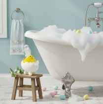 Artikel Påskekyllingepynt, chenillekylling i badekarret, gul, 9 cm