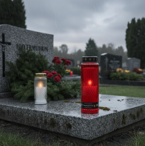 Artikel Gravlys låg motiv blomst rød sort 10 dage H27cm
