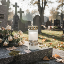 Artikel Gravlys hvide roser sorglys mindelys Ø7cm H18cm 90h 2stk