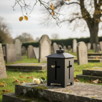 Artikel Lanterne gravlys krydsvindue metal antik grå 13 x 27 cm