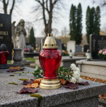 Artikel Gravlys glas hjerte gravlanterne rød Ø10,5cm H25,5cm