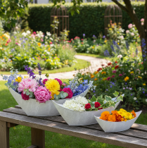 Artikel Urtepotte, bådformet, metal, hvid/sølv, 54,5/48/42 cm, sæt med 3 stk.