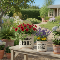 Artikel Dekorativ spand med hank “Original 1982” Cremefarvet Ø12/10cm 2×2-delt sæt