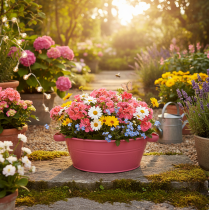 Artikel Lyserød metal blomsterskål med hanke, rund, Ø33,5 cm