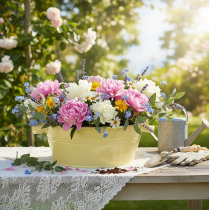 Artikel Dekorativ metalskål, grøn-gul, blomsterskål med hank, Ø33,5 cm